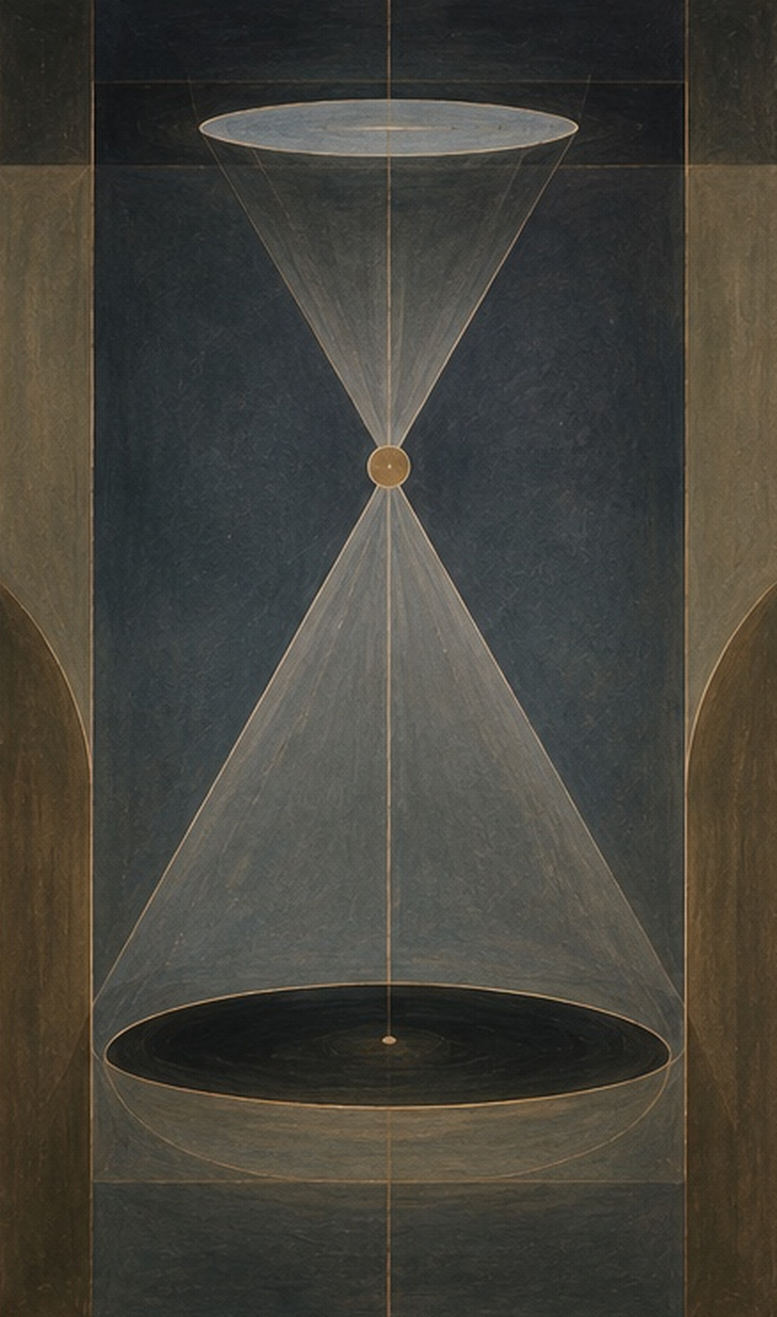 Studio painting: a geometric hourglass composition in slate blue and sage