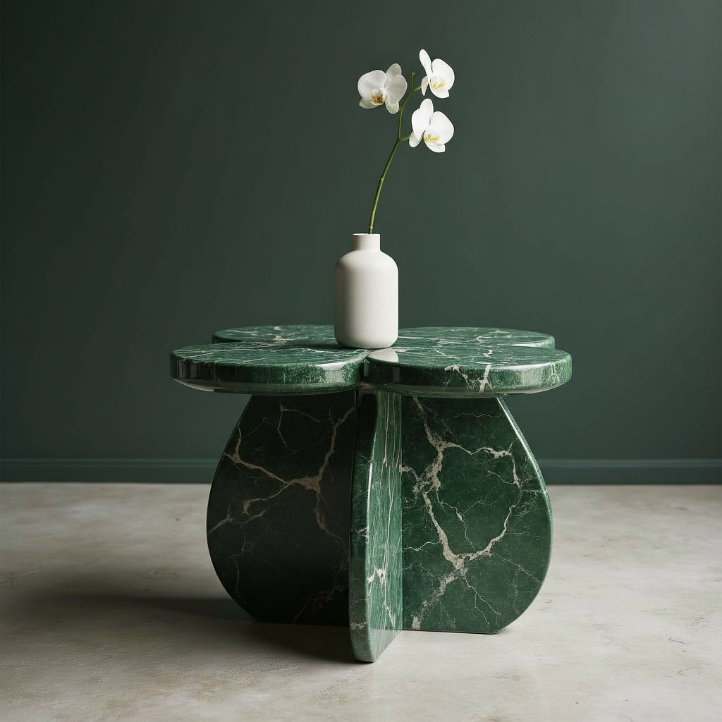 Flora — a green marble side table with a clover-shaped top, holding a white vase with three white orchids